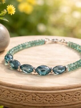Natural Apatite | London Blue Topaz Bracelet Solid 14k White Gold 7.15" - 7.5"